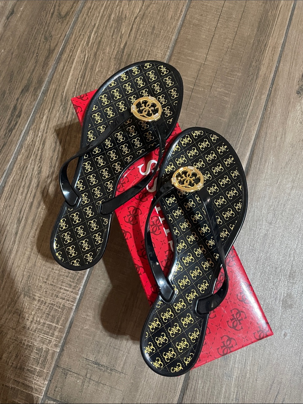 Guess Black and Gold Logo Flip Flops
